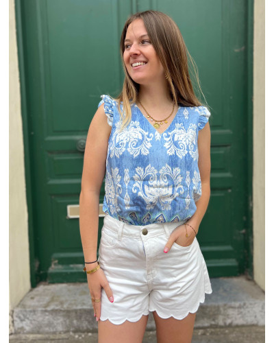 YMEN | Blouse bleu volants sur les épaules motif blanc