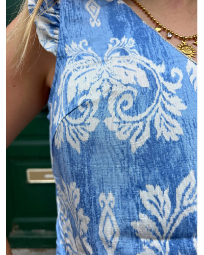 YMEN | Blouse bleu volants sur les épaules motif blanc