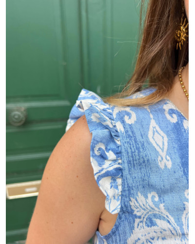 YMEN | Blouse bleu volants sur les épaules motif blanc