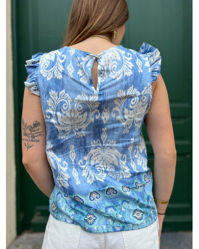 YMEN | Blouse bleu volants sur les épaules motif blanc