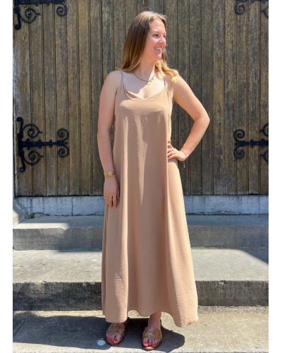 NEELA | Robe longue beige fluide dos nus avec perles