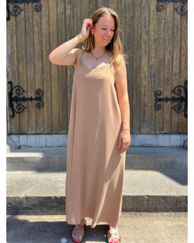 NEELA | Robe longue beige fluide dos nus avec perles