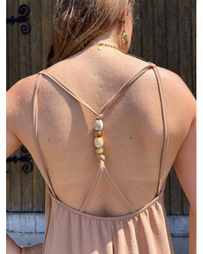 NEELA | Robe longue beige fluide dos nus avec perles
