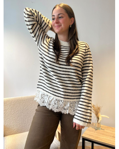 OSCAR | Pull beige à rayures et dentelle