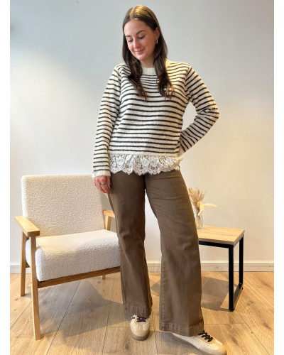 OSCAR | Pull beige à rayures et dentelle