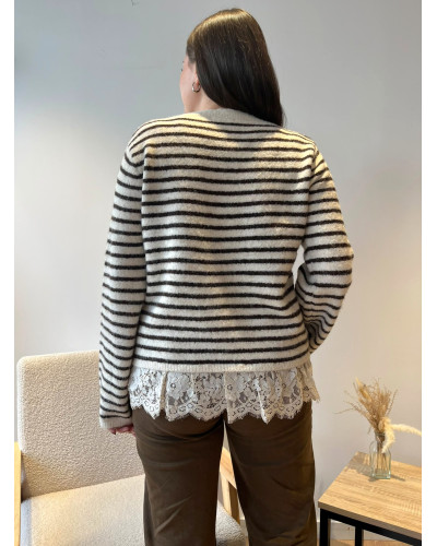 OSCAR | Pull beige à rayures et dentelle