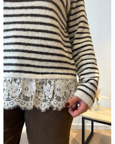 OSCAR | Pull beige à rayures et dentelle