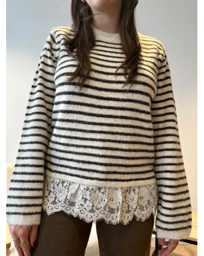OSCAR | Pull beige à rayures et dentelle