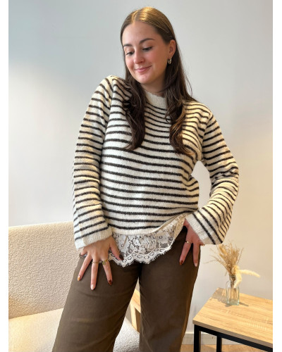 OSCAR | Pull beige à rayures et dentelle