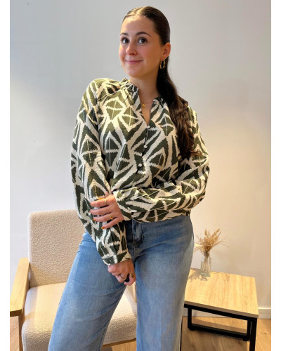 CLEMENCE | Blouse fluide kaki imprimé géométrique