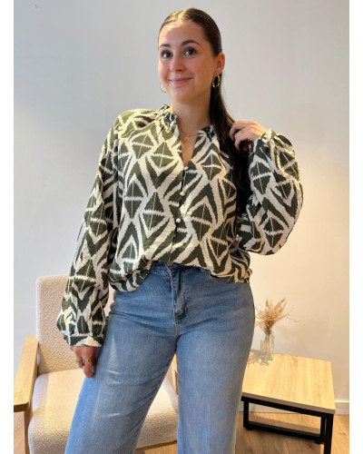 CLEMENCE | Blouse fluide kaki imprimé géométrique