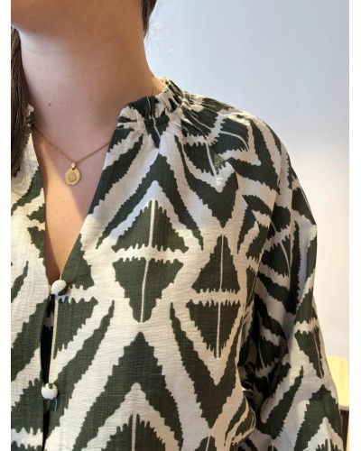 CLEMENCE | Blouse fluide kaki imprimé géométrique