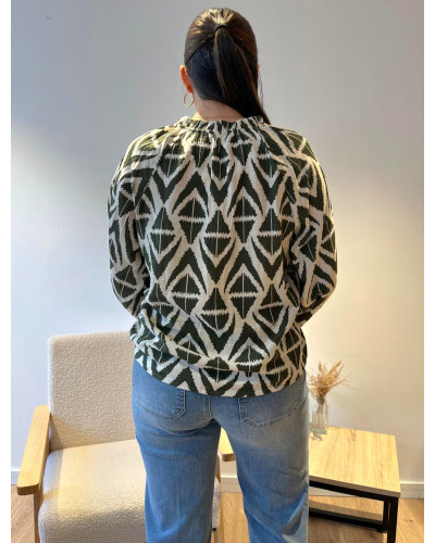 CLEMENCE | Blouse fluide kaki imprimé géométrique