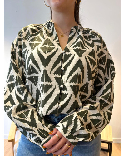 CLEMENCE | Blouse fluide kaki imprimé géométrique