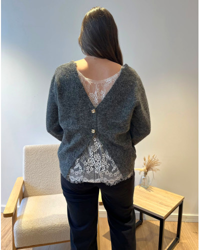 RAPHAEL | Pull gris avec dos en dentelle