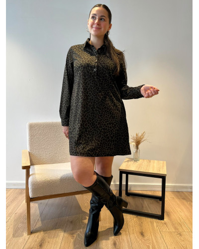 ARIA | Robe kaki en velours imprimé léopard