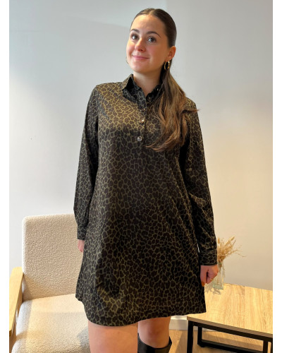 ARIA | Robe kaki en velours imprimé léopard