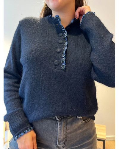 RICHARD | Pull bleu marine détails fleuri