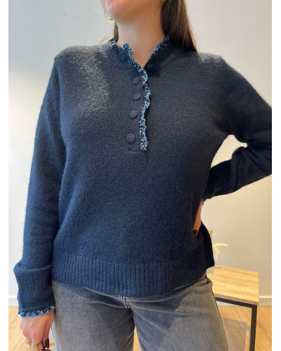 RICHARD | Pull bleu marine détails fleuri