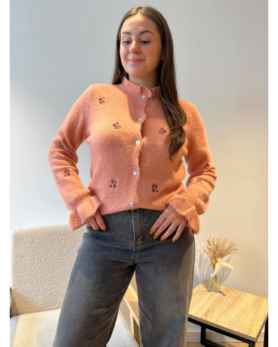 ELIO | Gilet rose avec fleurs brodés