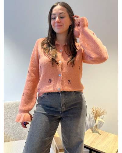 ELIO | Gilet rose avec fleurs brodés
