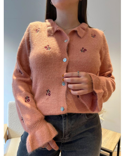 ELIO | Gilet rose avec fleurs brodés
