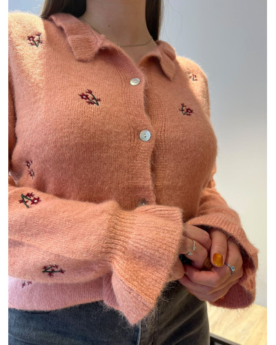 ELIO | Gilet rose avec fleurs brodés