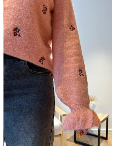 ELIO | Gilet rose avec fleurs brodés