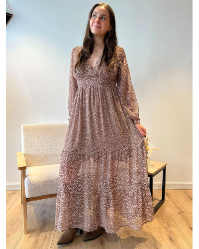 TATIANA | Robe longue couleur taupe imprimée