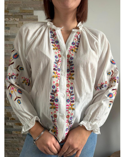FABIOLA | Blouse blanche broderie colorée