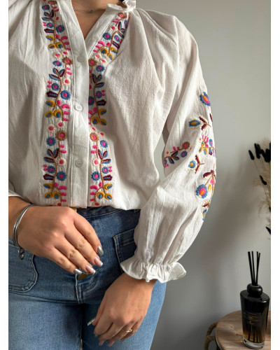 FABIOLA | Blouse blanche broderie colorée