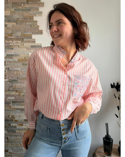VICTORINE | Chemise rayée rose col volant