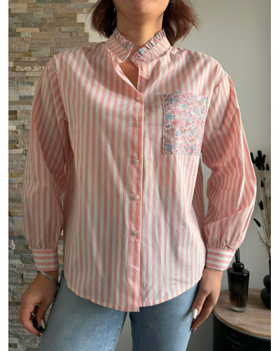 VICTORINE | Chemise rayée rose col volant