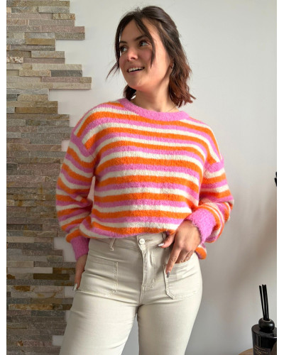 MARCEAU | Pull rayé rose et orange