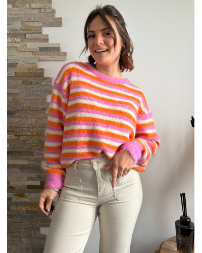 MARCEAU | Pull rayé rose et orange