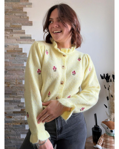 BRUNO | Gilet fleuri jaune col volant