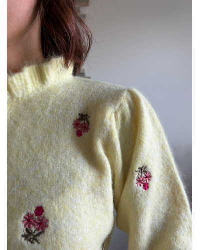 BRUNO | Gilet fleuri jaune col volant