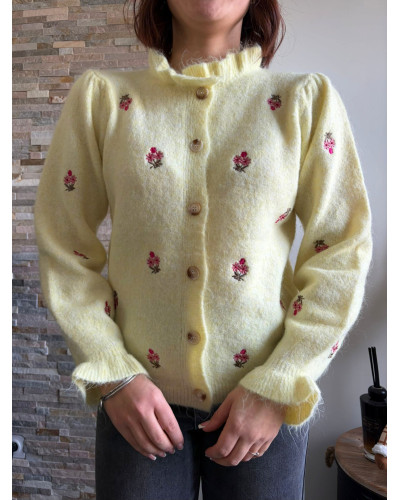 BRUNO | Gilet fleuri jaune col volant