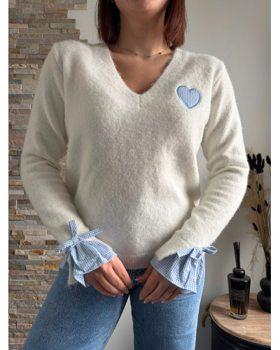 JASON | Pull coeur vichy bleu