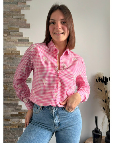BERENGERE | Chemise vichy rose avec broderie