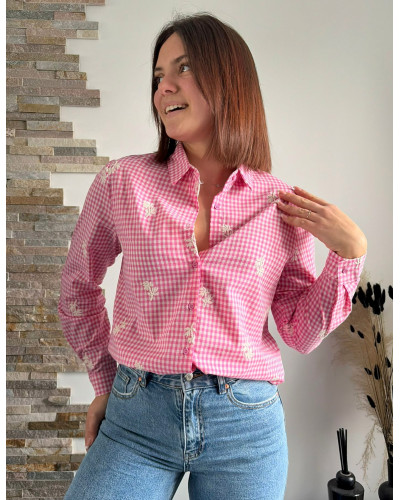 BERENGERE | Chemise vichy rose avec broderie