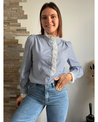 FABIENNE | Blouse bleue rayée avec broderie