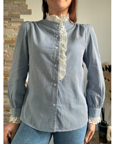 FABIENNE | Blouse bleue rayée avec broderie