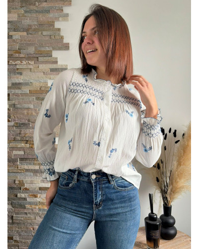 LUCIE | Blouse coton blanc avec broderie bleue