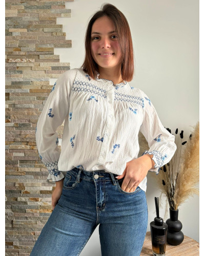 LUCIE | Blouse coton blanc avec broderie bleue