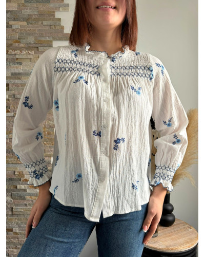 LUCIE | Blouse coton blanc avec broderie bleue