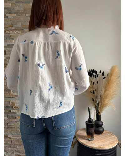 LUCIE | Blouse coton blanc avec broderie bleue