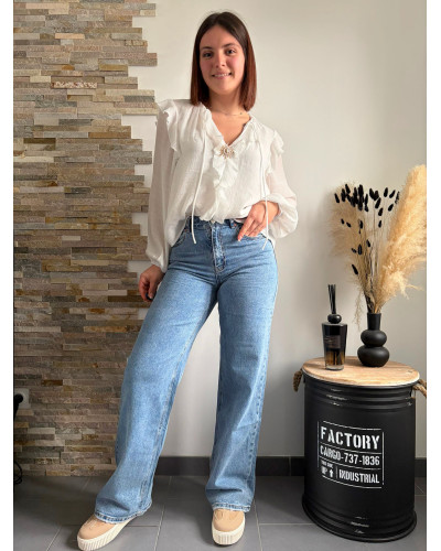 SAFIA | Blouse blanche broche soleil doré