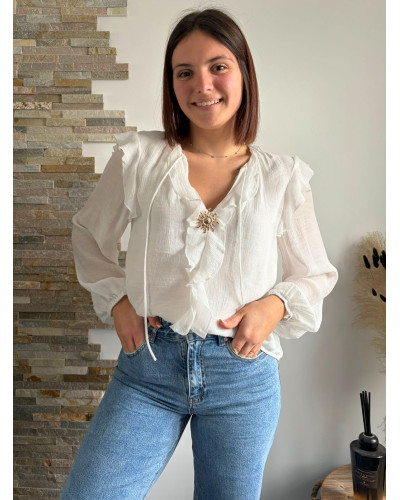 SAFIA | Blouse blanche broche soleil doré
