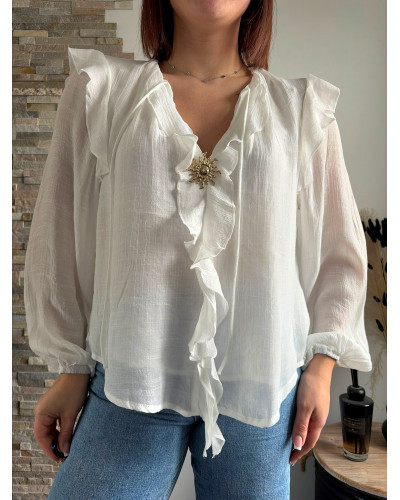 SAFIA | Blouse blanche broche soleil doré